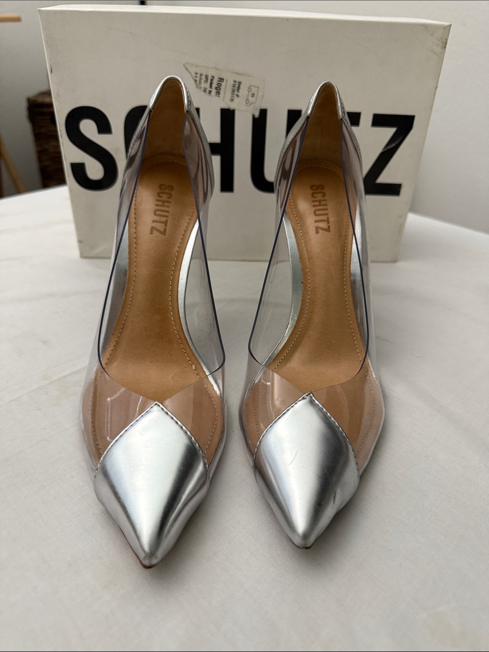 SCHUTZ Silver and Clear Pointed-Toe Pumps